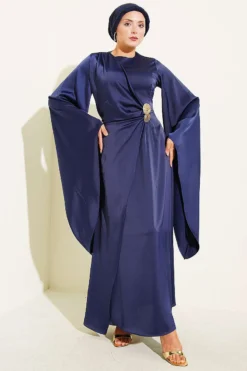 Wide Sleeve Satin Evening Dress with Gold Buckle Navy Blue