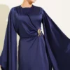 Wide Sleeve Satin Evening Dress with Gold Buckle Navy Blue – Bild 2