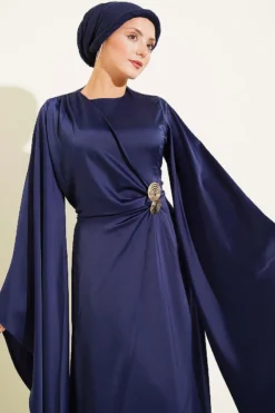 Alternative Ansicht von Wide Sleeve Satin Evening Dress with Gold Buckle Navy Blue