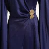 Wide Sleeve Satin Evening Dress with Gold Buckle Navy Blue – Bild 4
