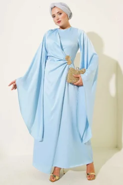 Wide Sleeve Satin Evening Dress with Gold Buckle Blue