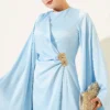 Wide Sleeve Satin Evening Dress with Gold Buckle Blue - Image 2