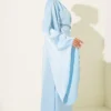 Wide Sleeve Satin Evening Dress with Gold Buckle Blue - Image 3