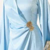 Wide Sleeve Satin Evening Dress with Gold Buckle Blue - Image 4