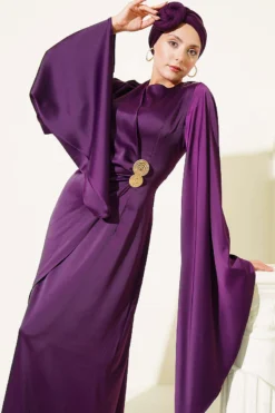 Wide Sleeve Satin Evening Dress with Gold Buckle Purple
