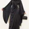Wide Sleeve Satin Evening Dress with Gold Buckle Black