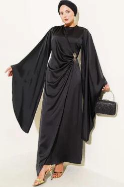 Wide Sleeve Satin Evening Dress with Gold Buckle Black