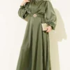 Satin Evening Dress with Gold Buckle Khaki