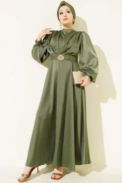 Satin Evening Dress with Gold Buckle Khaki