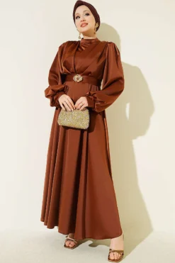 Satin Evening Dress with Gold Buckle Brown