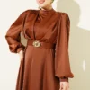 Satin Evening Dress with Gold Buckle Brown - immagine 2
