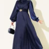 Satin Evening Dress with Gold Buckle Navy Blue
