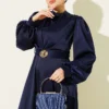 Satin Evening Dress with Gold Buckle Navy Blue – Image 2