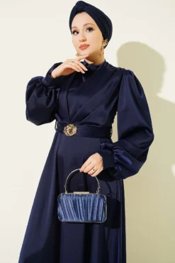 Alternative view of Satin Evening Dress with Gold Buckle Navy Blue