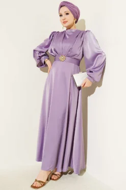 Satin Evening Dress with Gold Buckle Lilac