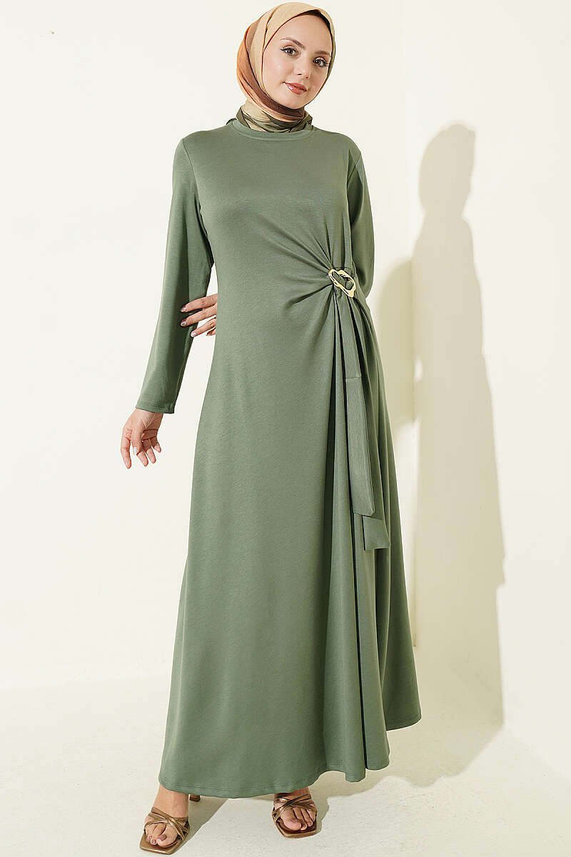 Side Tied Dress with Gold Buckle Khaki - immagine 2