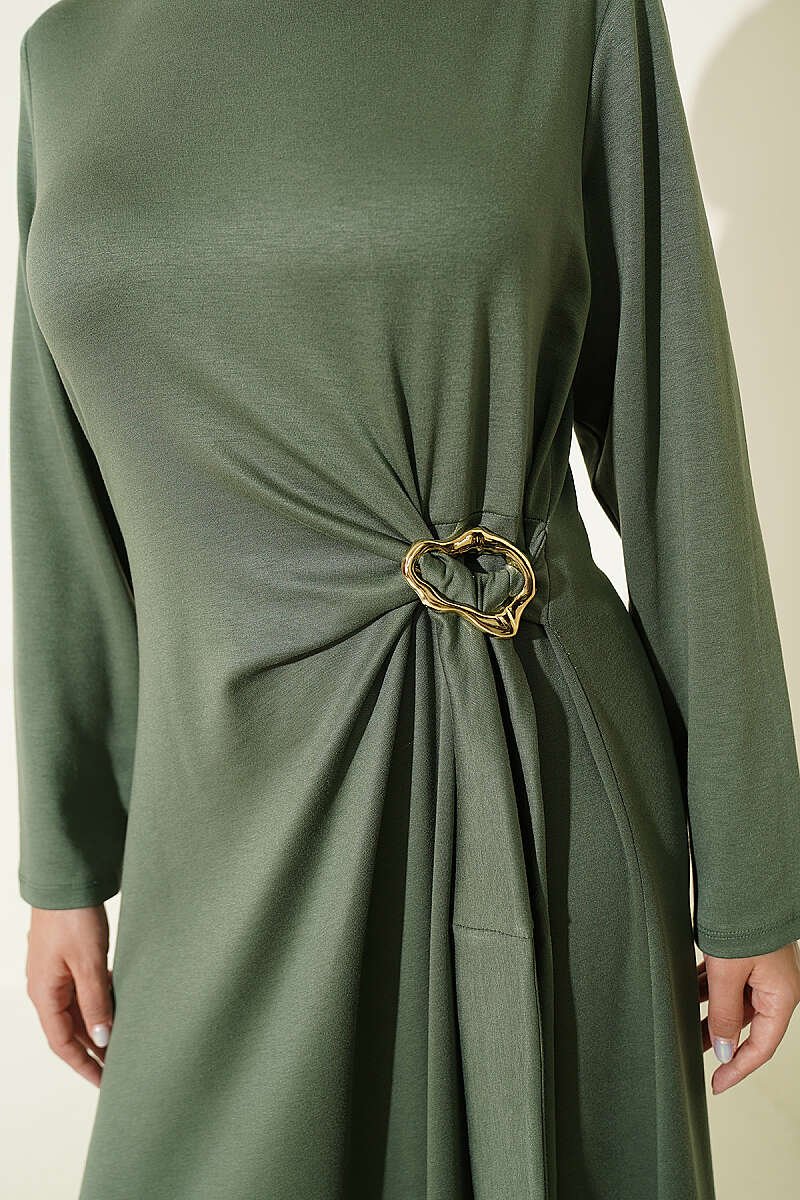 Side Tied Dress with Gold Buckle Khaki - immagine 4