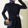 Side Tied Dress with Gold Buckle Navy Blue - Afbeelding 2