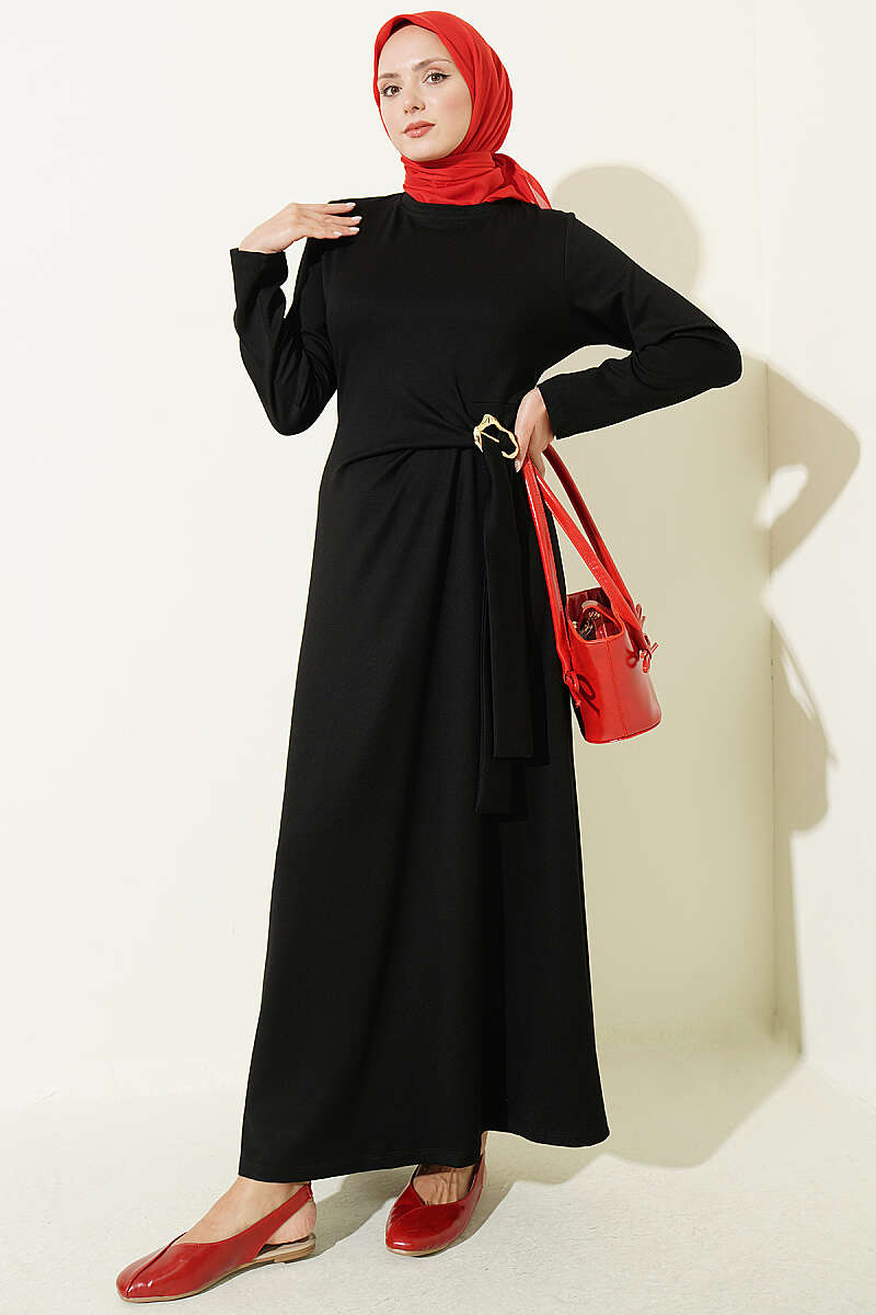 Side Tied Dress with Gold Buckle Black