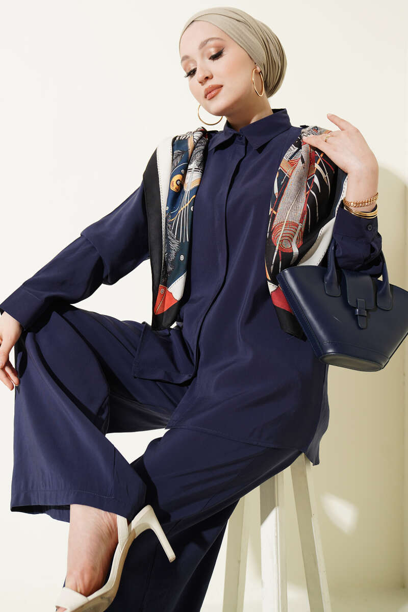 Shirt Collar Scarf Detailed Two-Piece Set Navy Blue