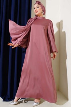 Balloon Sleeve Satin Dress with Rose Accessory Rose Dust