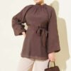 Rose Brooch Self-Belted Tunic Dark Brown