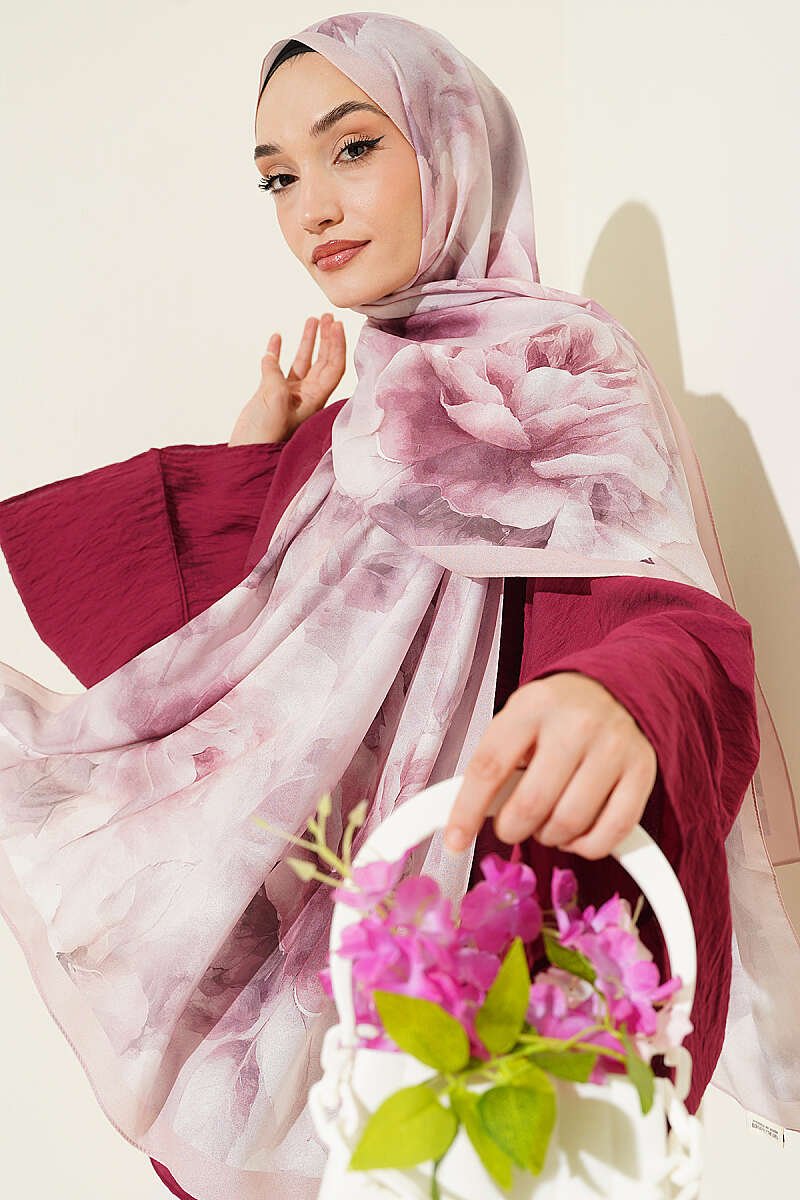 Rose Pattern French Silk Scarf Powder Pink