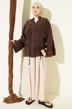 Alternative view of Mandarin Collar Button-Up Shirt Brown