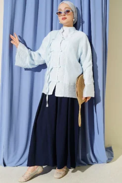 Alternative view of Mandarin Collar Button-Up Shirt Blue