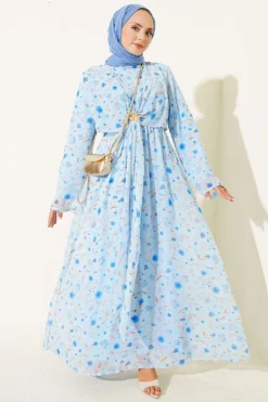 Dress with Front Tie and Gold Buckle Blue
