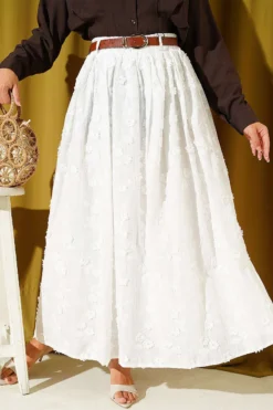 Floral Lace Belted Skirt Ecru