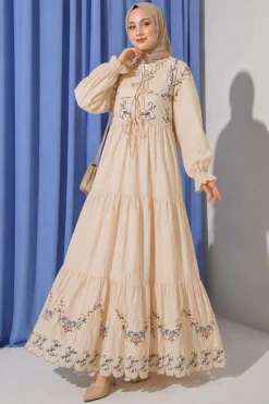 Flower Embroidered Ankle Elastic Dress Beige