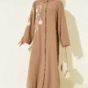 Flower Embroidered Hidden Button Abaya Latte