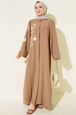 Flower Embroidered Hidden Button Abaya Latte