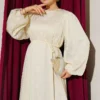 Flower Embroidered Tie Waist Balloon Sleeve Dress Beige - Imagen 2