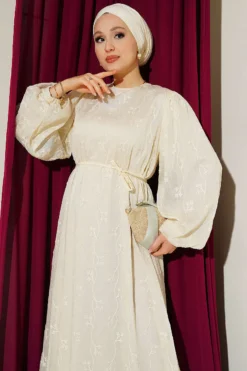 منظر بديل لـ Flower Embroidered Tie Waist Balloon Sleeve Dress Beige