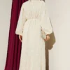 Flower Embroidered Tie Waist Balloon Sleeve Dress Beige - Imagen 3