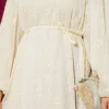 Flower Embroidered Tie Waist Balloon Sleeve Dress Beige - Imagen 4