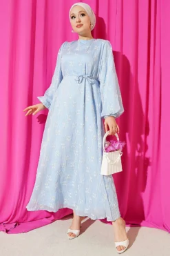 Flower Embroidered Tie Waist Balloon Sleeve Dress Blue