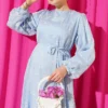 Flower Embroidered Tie Waist Balloon Sleeve Dress Blue - Image 2