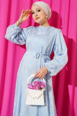 منظر بديل لـ Flower Embroidered Tie Waist Balloon Sleeve Dress Blue