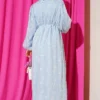 Flower Embroidered Tie Waist Balloon Sleeve Dress Blue - Image 3