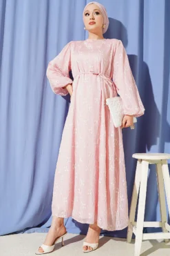 منظر بديل لـ Flower Embroidered Tie Waist Balloon Sleeve Dress Pink