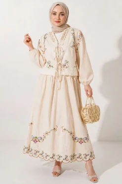 Floral Embroidered Linen Skirt Set Beige