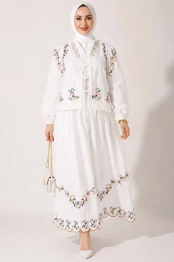 Floral Embroidered Linen Skirt Set White