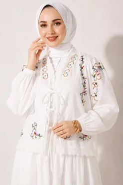 Vista alternativa de Floral Embroidered Linen Skirt Set White