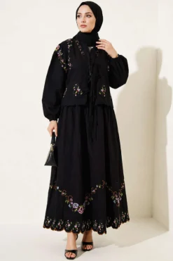 Floral Embroidered Linen Skirt Set Black