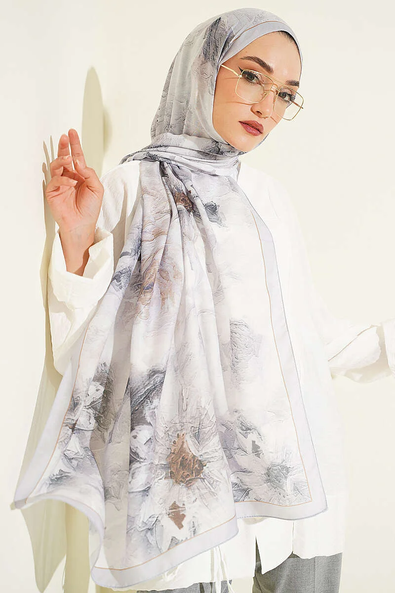 Floral Scarf with Fine Stripe Detail Grey