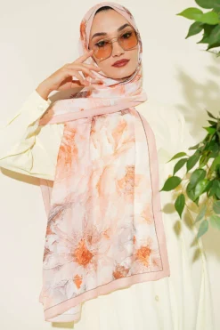 Alternative view of Floral Scarf with Fine Stripe Detail Salmon