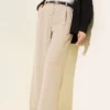 Thin Belted Pleated Fabric Trousers Beige